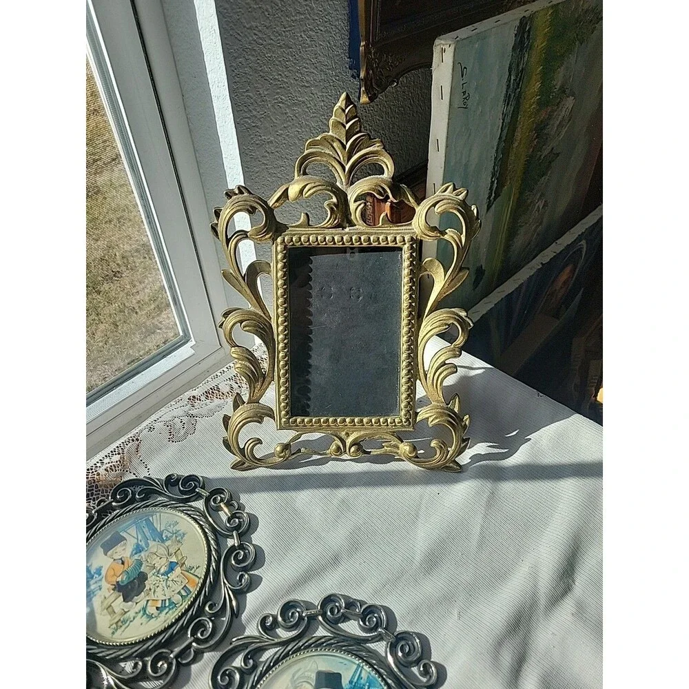 Vintage Ornate Cast Brass Art Nouveau Picture Frame Holds 4” X 6” Picture